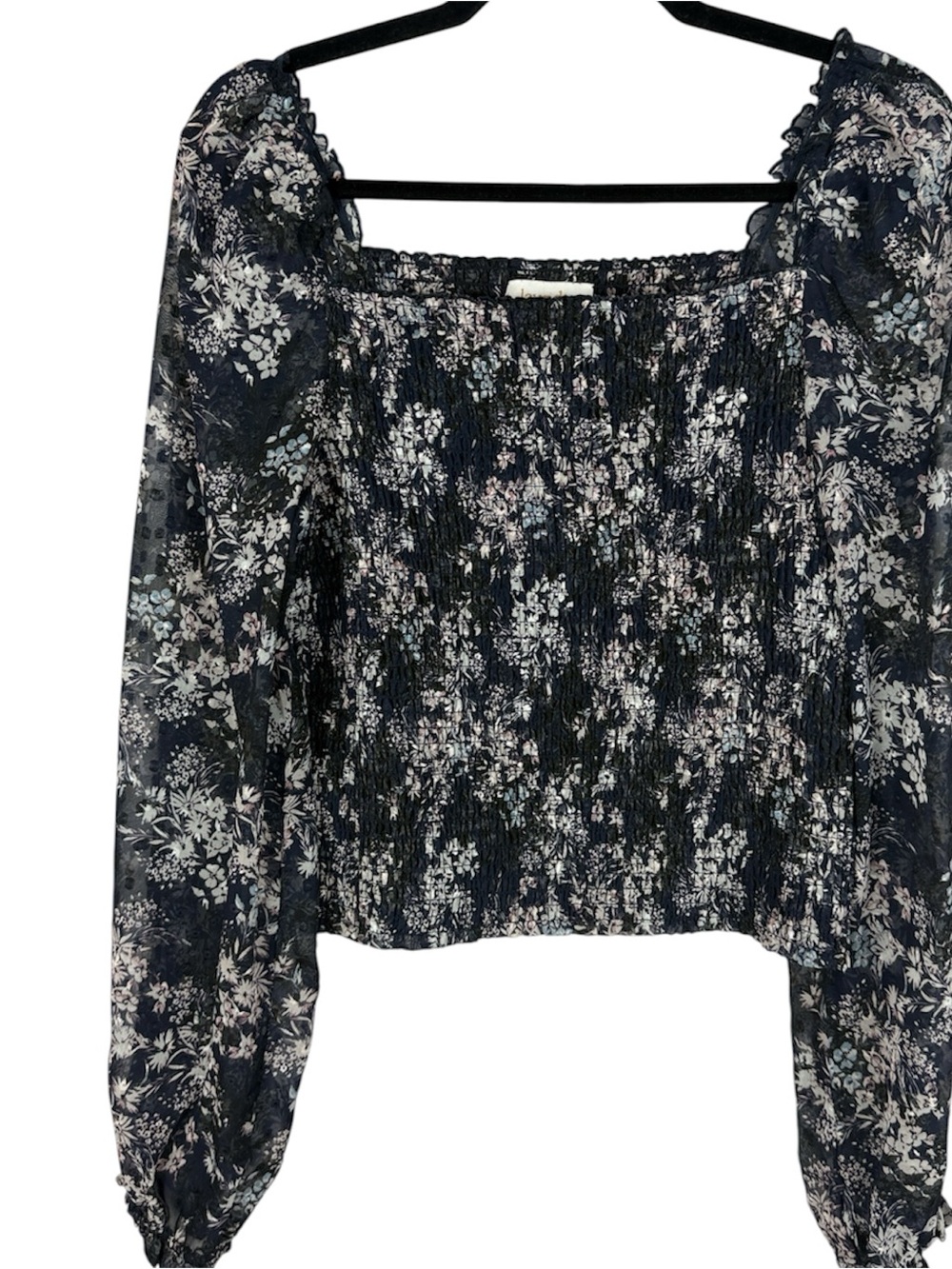 Laundry by Shelli Segal Floral Smocked Long Sleeve Crop Top Medium Navy Black